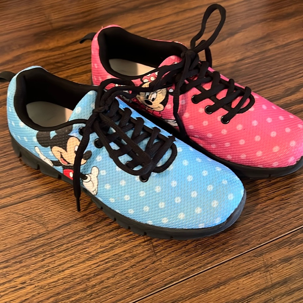 New combo Mickey Minnie Mouse tennis shoes, sneakers, blue pink, women 9, men 7